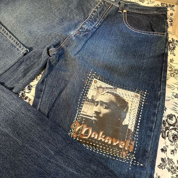Vintage Makaveli Branded Tupac Shakir Denim Jeans Size 38 - Picture 1 of 10